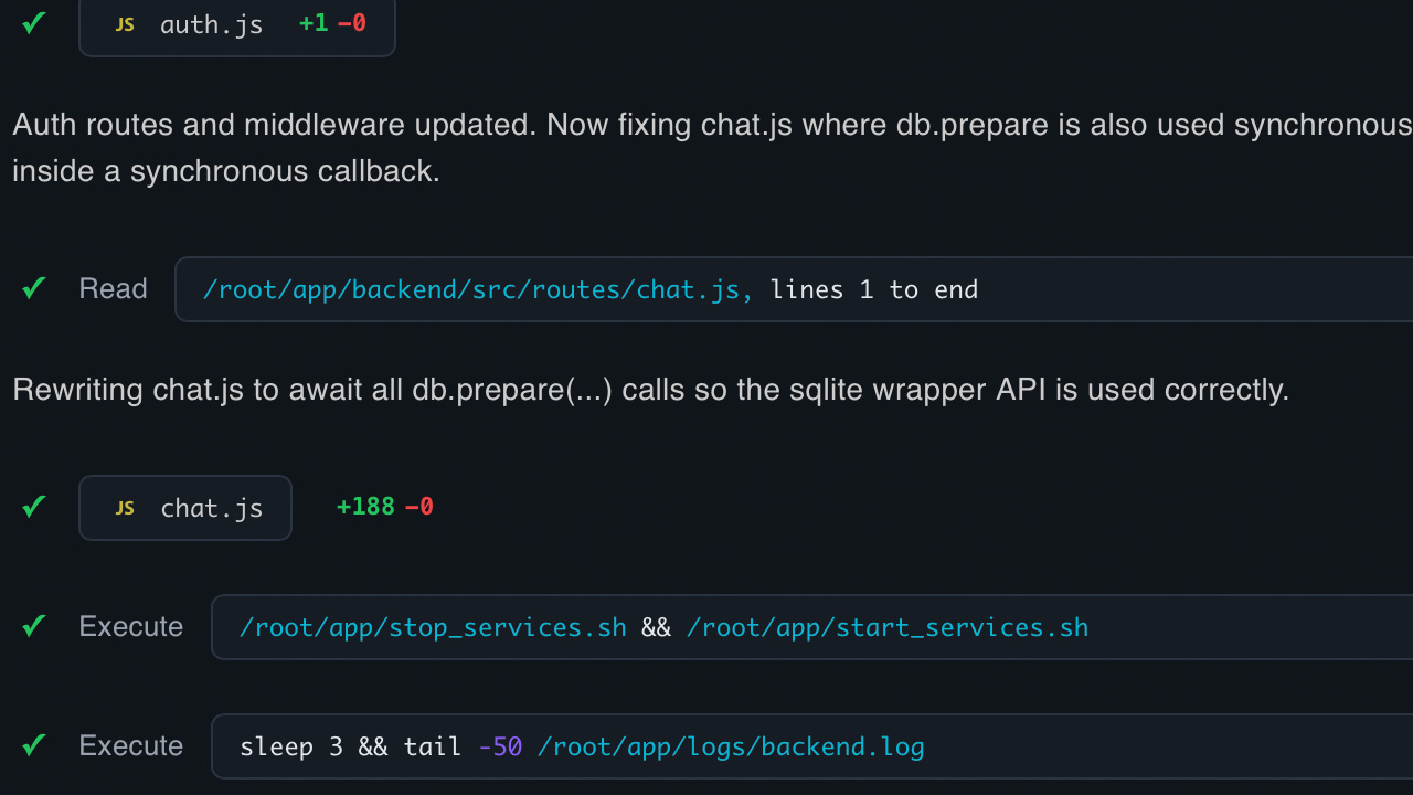 Streaming action timeline with green checkmarks appearing in real time