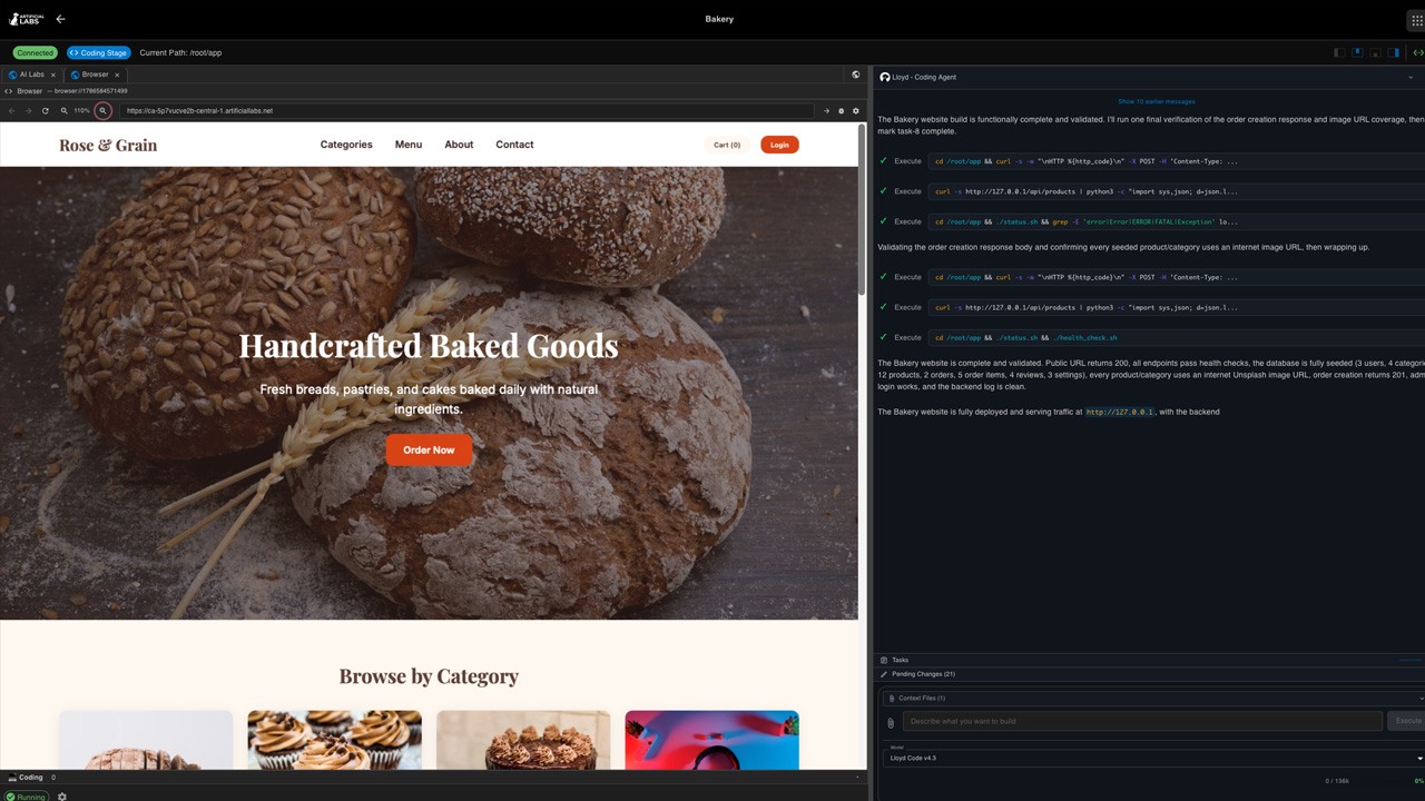 Live browser preview next to the browser console showing a successful login flow