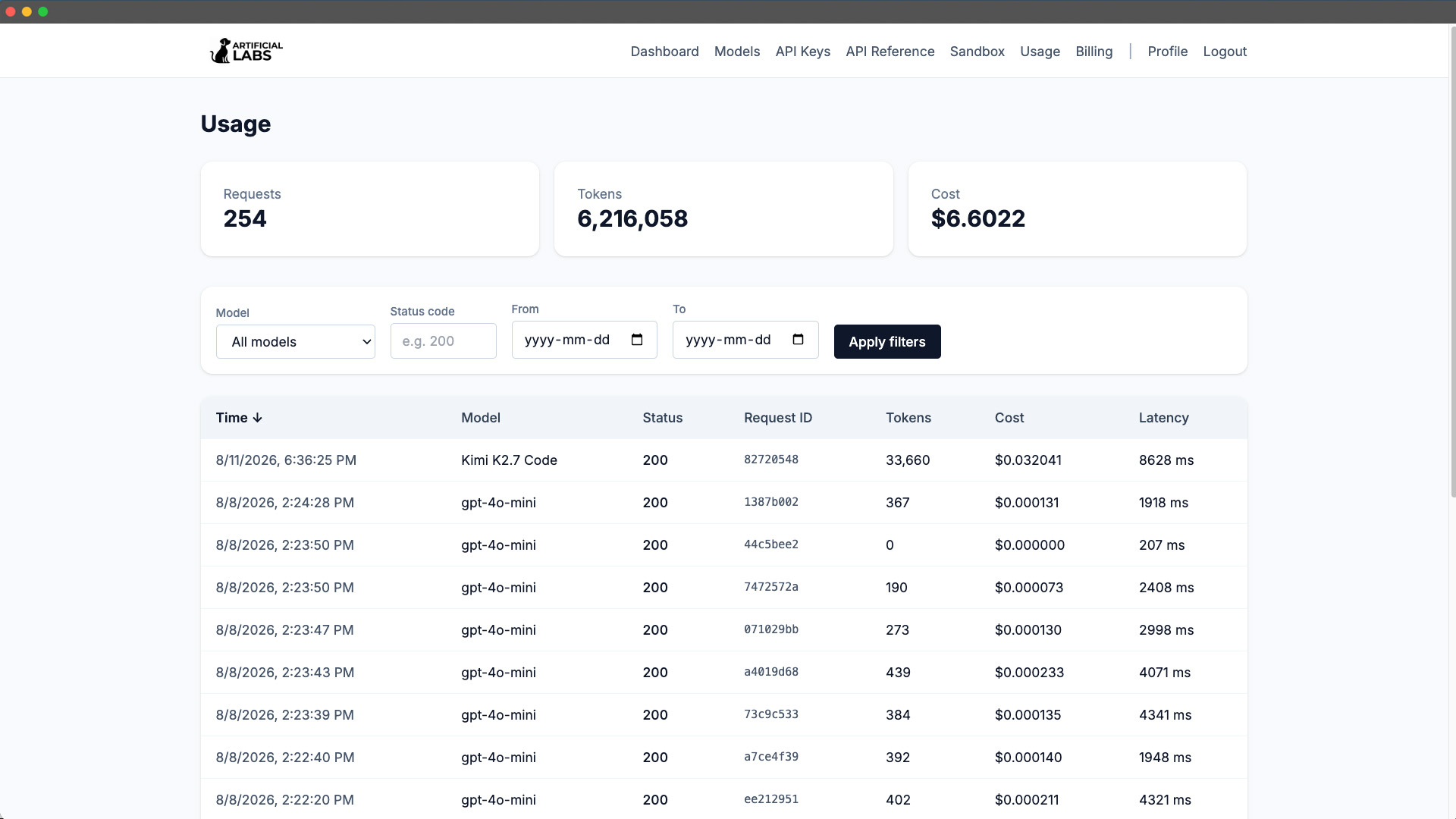 Unified API dashboard showing model selection and usage analytics
